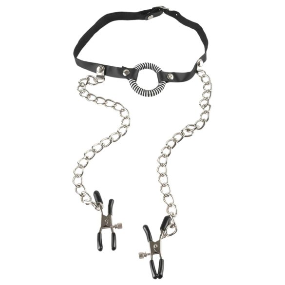 Fetish O-Ring - Mouth Gag with Nipple Clamps
