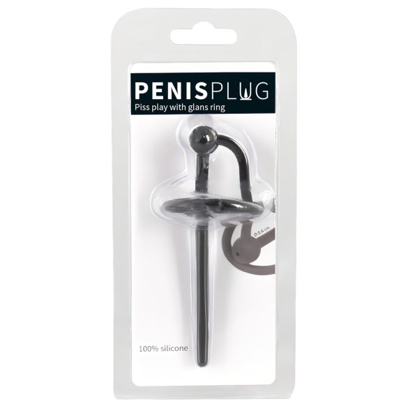 Hollow Silicone Urethral Plug with Glans Ring (Black)