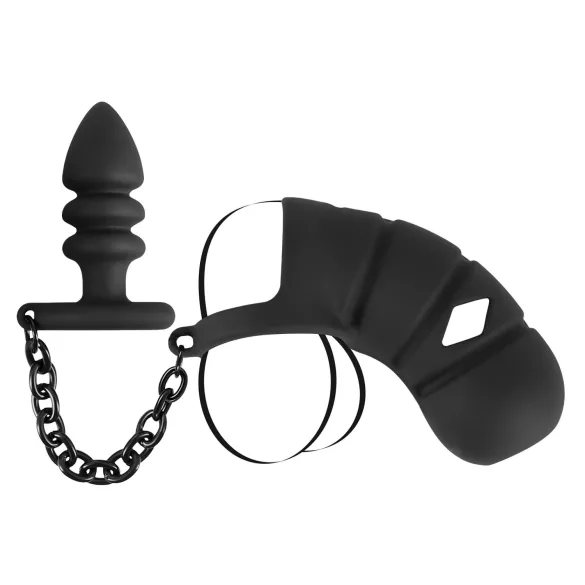 Black Velvet - Silicone Chastity Cage with Anal Plug (Black)