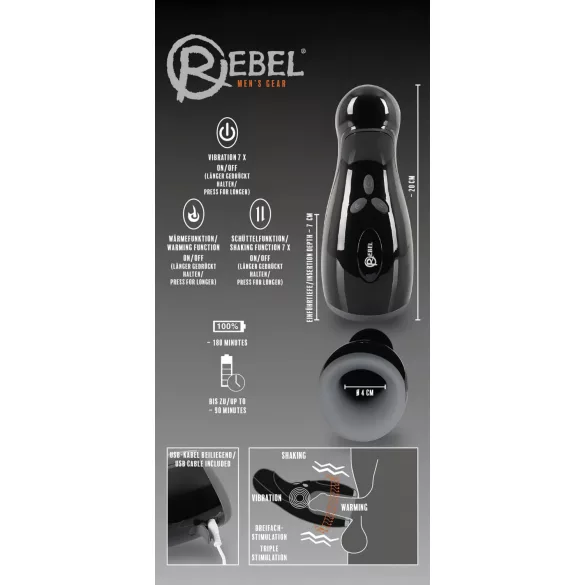 Rebel - Heated, Vibrating, Up-Down Moving Masturbator (Black)