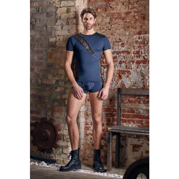 NEK - Men's Black Lace-Up Top with Fishnet Details (Blue)