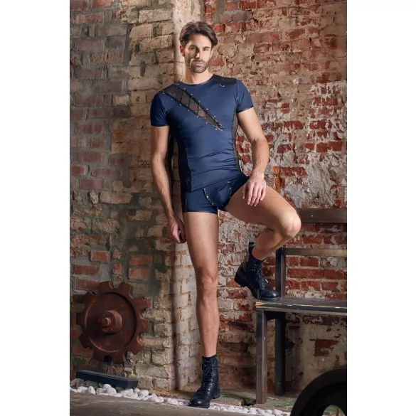 NEK - Men's Black Lace-Up Top with Fishnet Details (Blue)