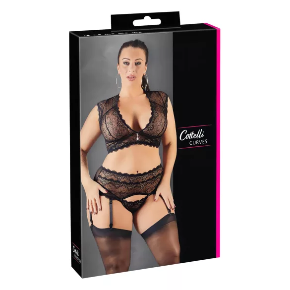Cottelli Plus Size - Rhinestone Lace Lingerie Set (Black)