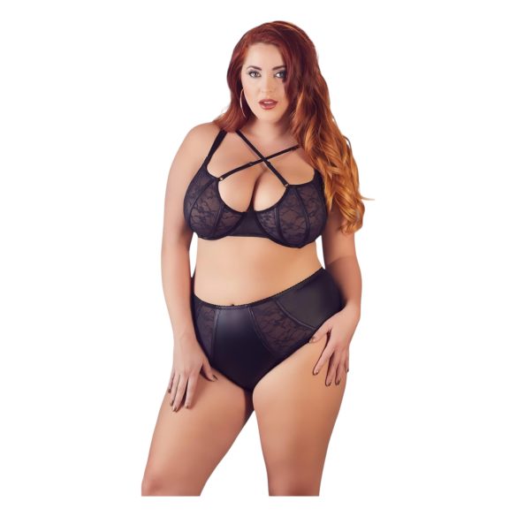 Cottelli Plus Size - Cross Strap Bra & Panty Set (Black) - 85E/L