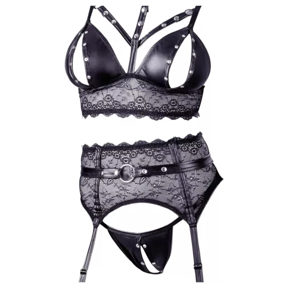 Cottelli Bondage - Lace Lingerie Set with Cuffs (Black) - L