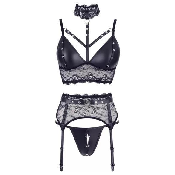 Cottelli Bondage - Lace Lingerie Set with Cuffs (Black) - XL