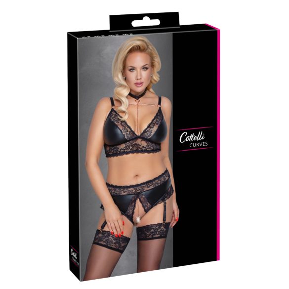 Cottelli Curves - Shiny Lingerie Set (Black) - 3XL