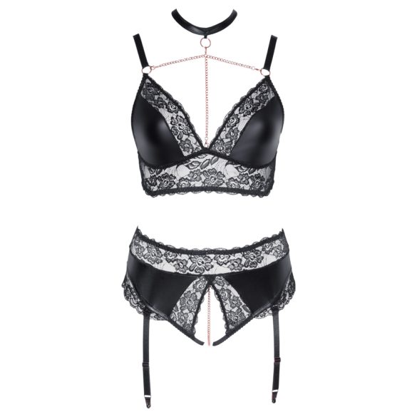Cottelli Curves - Shiny Lingerie Set (Black) - 3XL