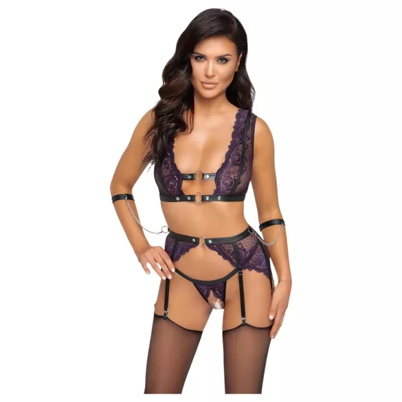 Cottelli Bondage - Lingerie Set with Handcuffs (Black-Purple) - M