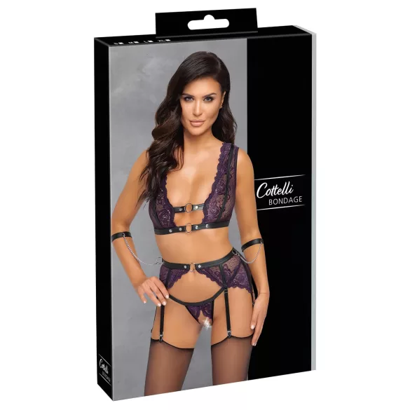 Cottelli Bondage - Lingerie Set with Handcuffs (Black-Purple) - M
