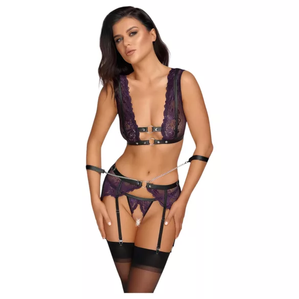 Cottelli Bondage - Lingerie Set with Handcuffs (Black-Purple) - M
