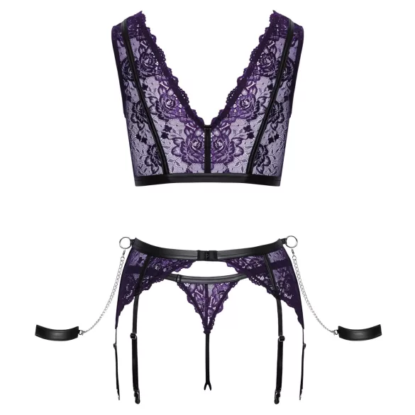 Cottelli Bondage - Lingerie Set with Handcuffs (Black-Purple) - M