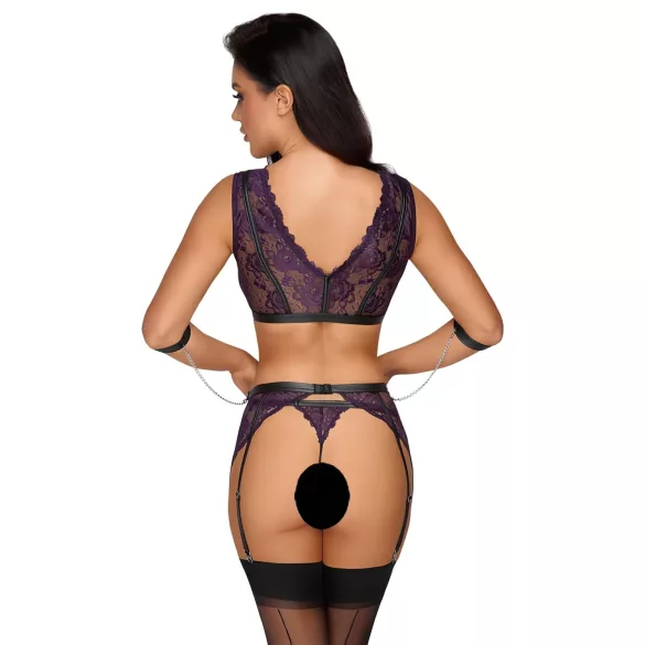 Cottelli Bondage - Lingerie Set with Handcuffs (Black-Purple) - L