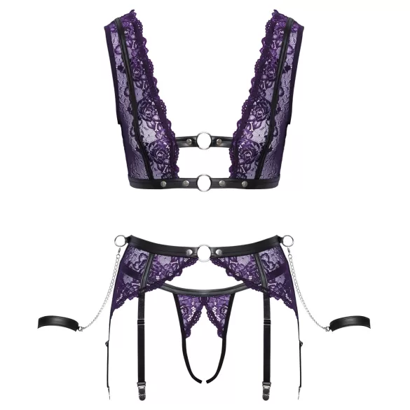 Cottelli Bondage - Lingerie Set with Handcuffs (Black-Purple) - L