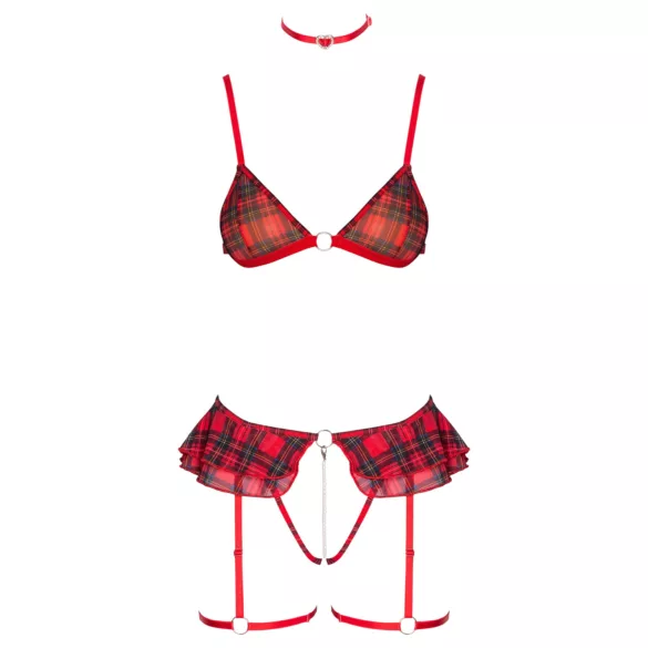 Cottelli - checked lingerie set with suspenders (red check)