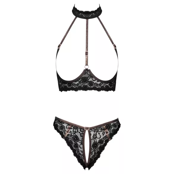 Cottelli - Open-Cup Lace Bra and Thong with Rose Gold Details (Black)