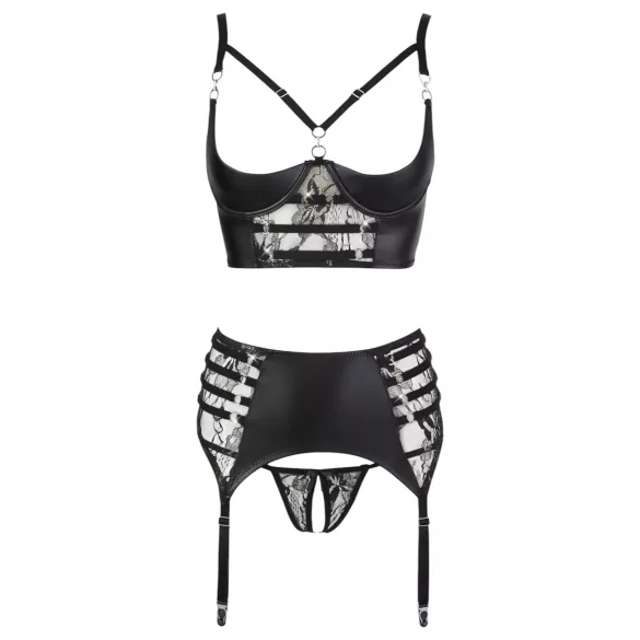 Abierta Fina - sparkling strappy lace lingerie set (black) - 80B/M