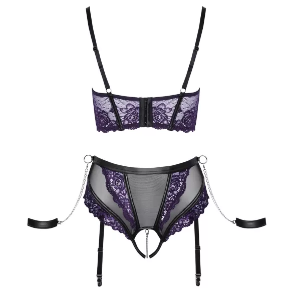 Cottelli Bondage - Bra Set & Wrist Cuffs (Black-Purple)
