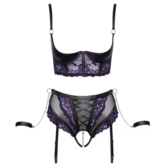 Cottelli Bondage - Bra Set & Wrist Cuffs (Black-Purple) - M