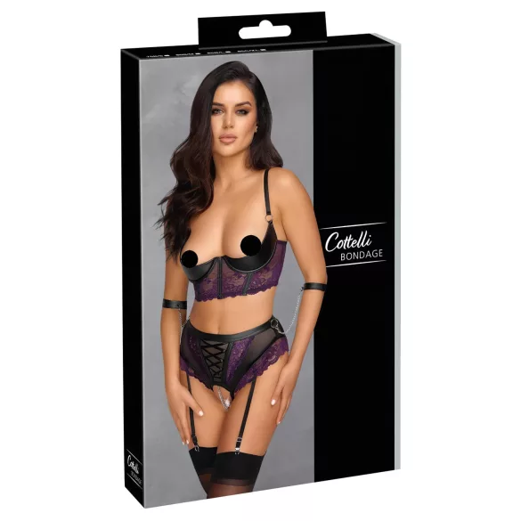 Cottelli Bondage - Bra Set & Wrist Cuffs (Black-Purple) - M