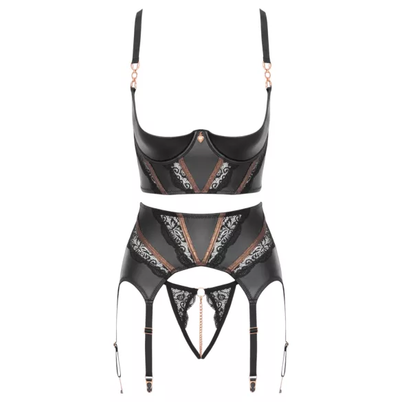 Abierta Fina - three‑piece lace suspender set (black)