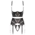 Abierta Fina - three‑piece lace suspender set (black)
