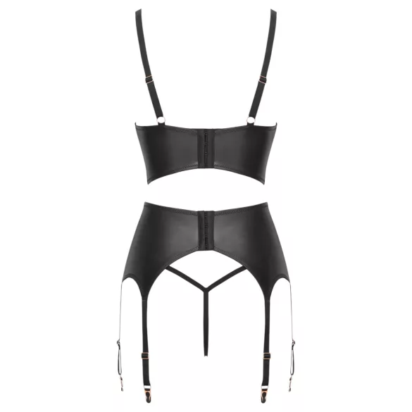 Abierta Fina - three‑piece lace suspender set (black)