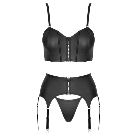 Cottelli - Zip-Up Corset, Suspender Belt and Thong Set (Black) - M