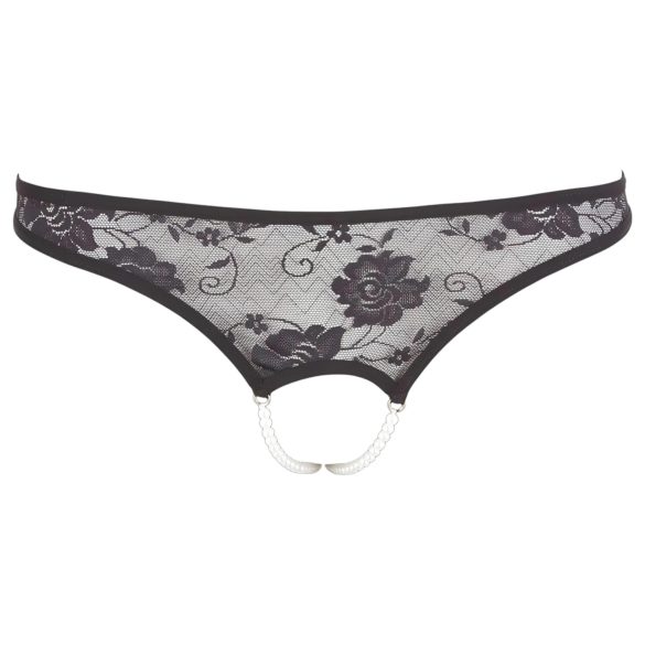 Cottelli - Black Lace Thong with Pearls and Open Design - M