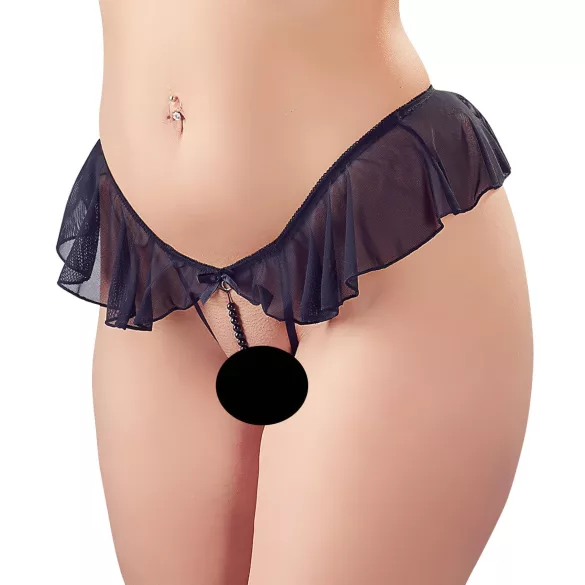 Cottelli - Open Pearl Ruffle Thong (Black) - L