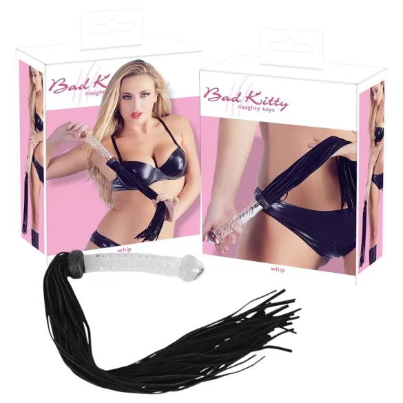 Bad Kitty - Leather Whip with Glass Dildo (Transparent-Black)