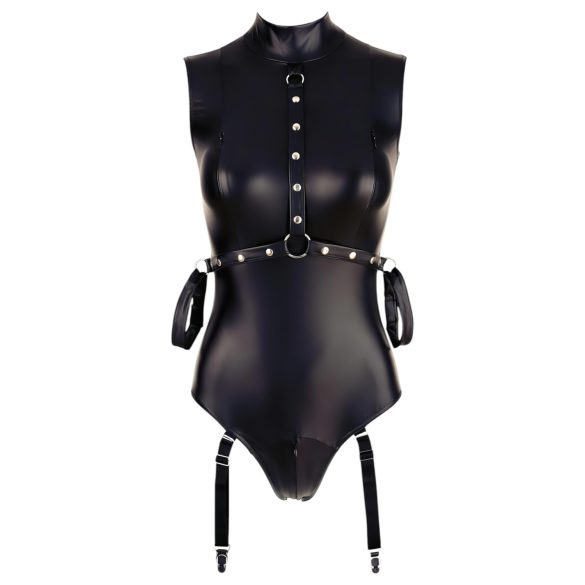 Cottelli Bondage - Shiny Sleeveless Bodysuit with Cuffs (Black) - L