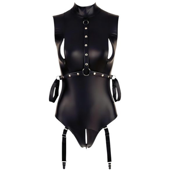 Cottelli Bondage - Shiny Sleeveless Bodysuit with Cuffs (Black) - L
