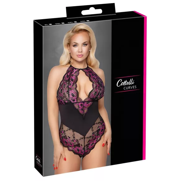 Cottelli Plus Size - Floral Bodysuit (Black-Purple) - 4XL