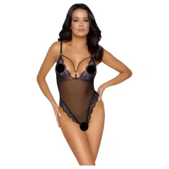   Cottelli - Embroidered Lace Bodysuit, Black & Purple (Open Design) - M