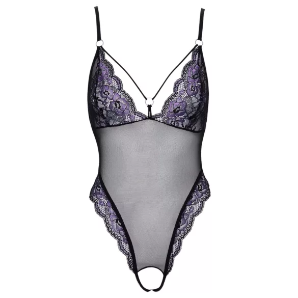 Cottelli - Embroidered Lace Bodysuit, Black & Purple (Open Design) - L