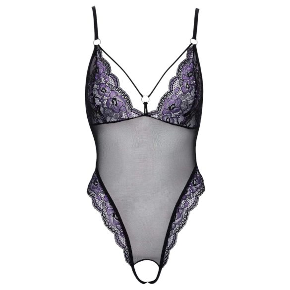 Cottelli - Embroidered Lace Bodysuit, Black & Purple (Open Design) - XL