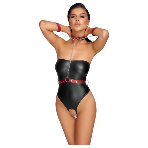 Cottelli Bondage - Shiny Black Bodysuit & Cuffs - L
