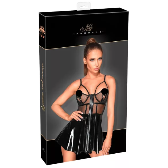 Noir - Black Patent Dress with Mesh Insets - M