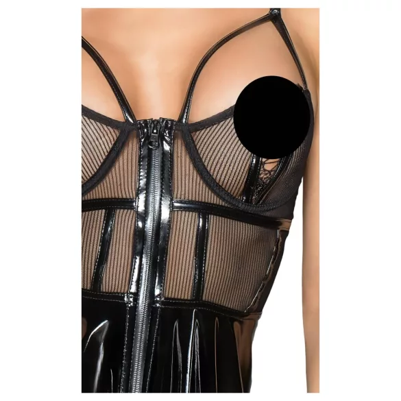 Noir - Black Patent Dress with Mesh Insets - M