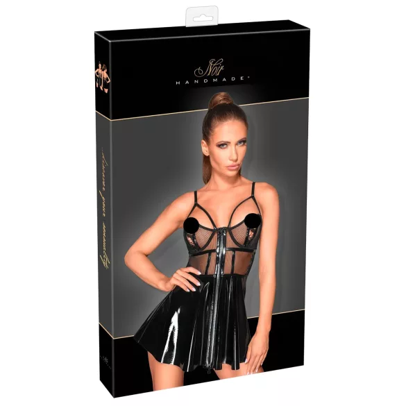 Noir - Black Patent Dress with Mesh Insets - L