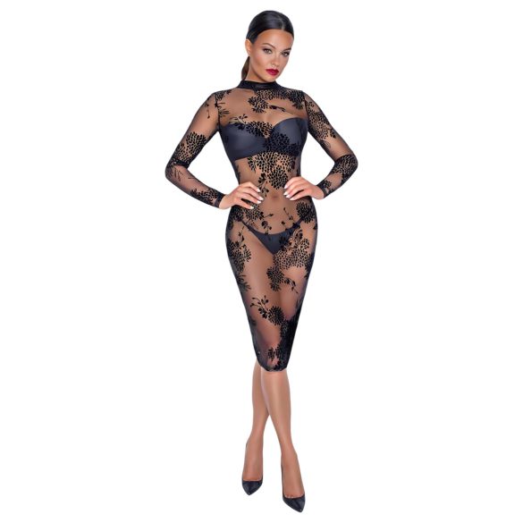 Noir - Sheer Floral Long Sleeve Dress (Black)  - M