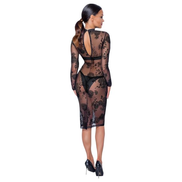 Noir - Sheer Floral Long Sleeve Dress (Black)  - M