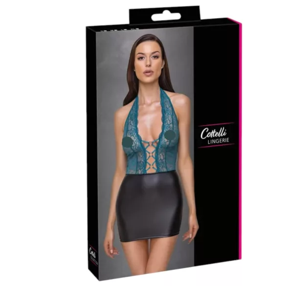Cottelli - Shiny Lace-Up Dress with Lace (Black-Green) - M