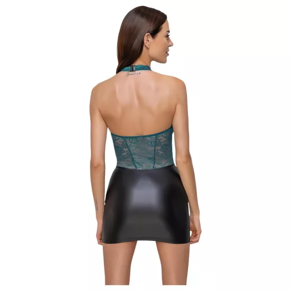 Cottelli - Shiny Lace-Up Dress with Lace (Black-Green) - M