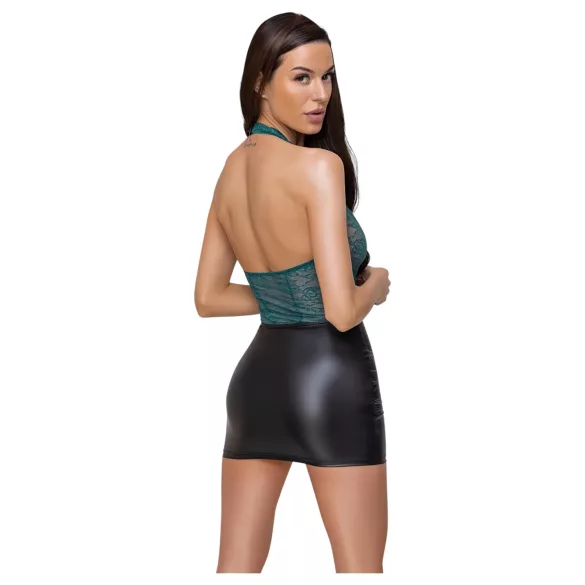 Cottelli - Shiny Lace-Up Dress with Lace (Black-Green) - M