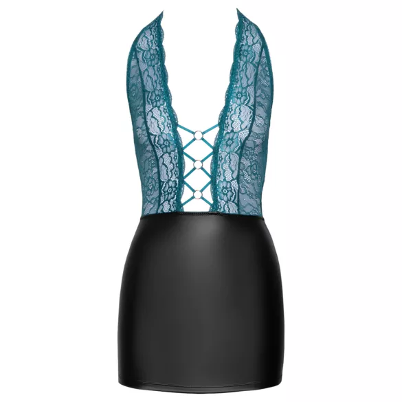 Cottelli - Shiny Lace-Up Dress with Lace (Black-Green) - M