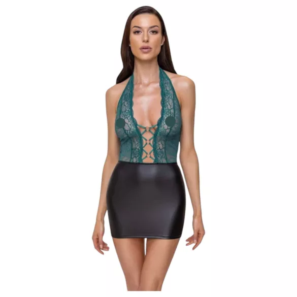 Cottelli - Shiny Lace-Up Dress with Lace (Black-Green) - L