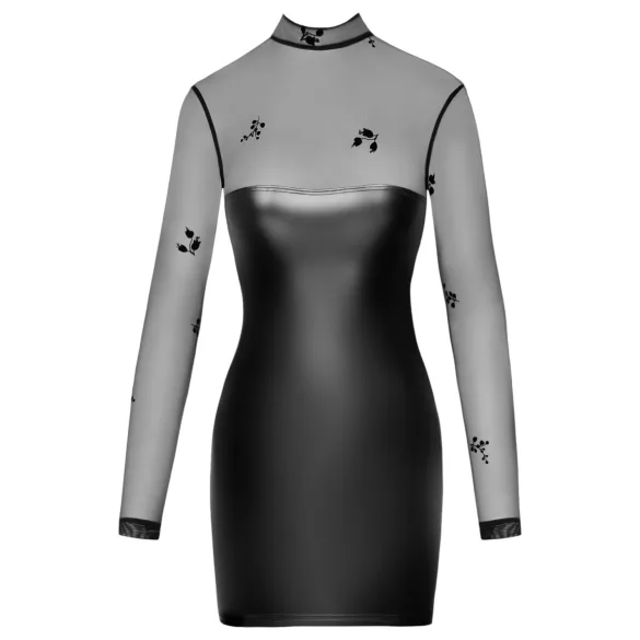 Noir - Black Glossy Dress with Sheer Top - L