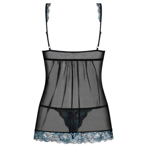 Obsessive Amanta - Embroidered Babydoll & Thong Set (Black-Turquoise)